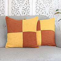 Cotton cushion covers, 'Warm Geometry' (pair) - Pair of Geometric Yellow and Orange Cotton Cushion Covers