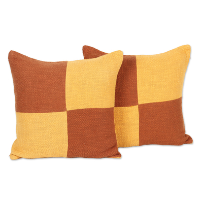 Cotton cushion covers, 'Warm Geometry' (pair) - Pair of Geometric Yellow and Orange Cotton Cushion Covers