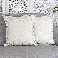 Cotton cushion covers, 'Golden Spring' (pair) - Pair of Cotton Cushion Covers with Golden Floral Motifs