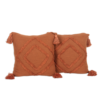 Cotton cushion covers, 'Copper Diamonds' (pair) - Pair of Geometric Copper Embroidered Cotton Cushion Covers