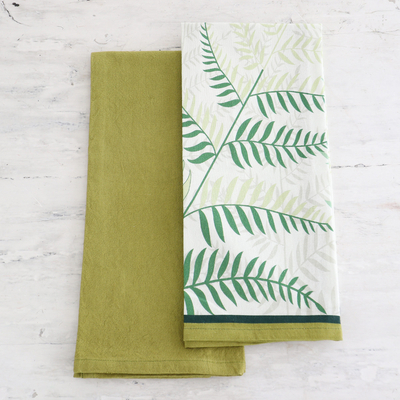 Cotton dish towels, 'Pistachio Jungle' (set of 2) - Set of Two Leafy Printed Cotton Dish Towels in Green Hues
