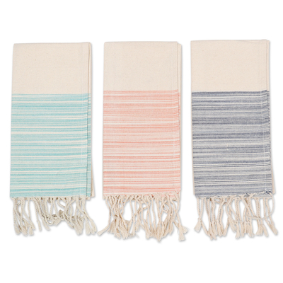 Cotton dish towels, 'Serene Sensations' (set of 3) - Set of Three Striped Cotton Dish Towels with Fringes