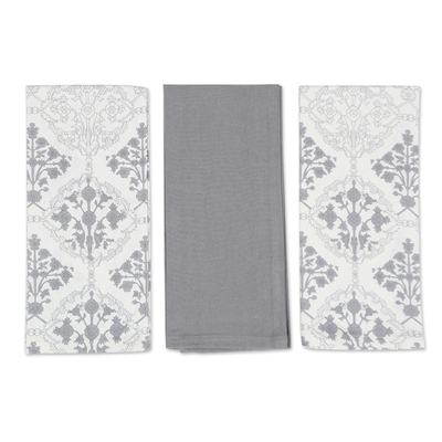Cotton dish towels, 'Noble Damask' (set of 3) - Set of Three Printed Cotton Dish Towels in Grey and White