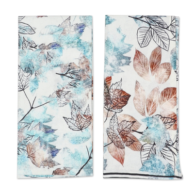 Cotton dish towels, 'Autumn Wishes' (pair) - Pair of Autumn-Themed Printed Cotton Dish Towels from India