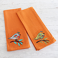 Embroidered cotton dish towels, 'Orange Chant' (set of 2) - Set of Two Embroidered Bird Cotton Dish Towels in Orange