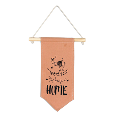 Cotton wall hanging, 'Love Motivation' - Printed Family Inspirational Brown Cotton Wall Hanging