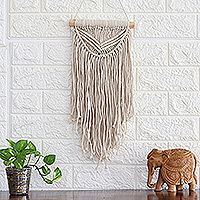 Cotton wall hanging, 'Bohemian Rain' - Handcrafted Braided Cotton Wall Hanging with Pine Wood Rod