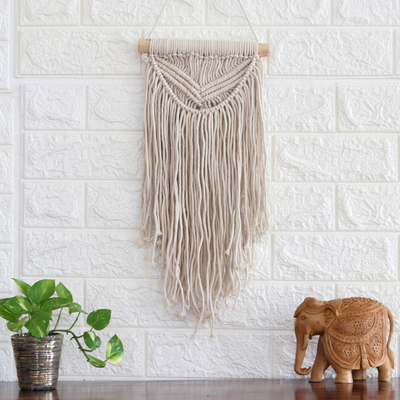 Cotton wall hanging, 'Bohemian Rain' - Handcrafted Braided Cotton Wall Hanging with Pine Wood Rod