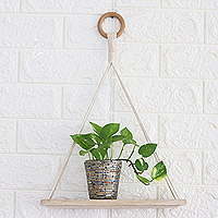 Wood hanging shelf, 'Nature Love' - Handmade Wood and Cotton Cord Hanging Shelf for Planters