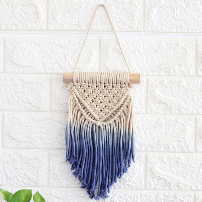 Cotton wall hanging, 'Blue Waterfall' - Handcrafted Blue Cotton Wall Hanging with Pine Wood Rod