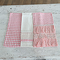Cotton dish towels, 'Pink Affection' (set of 3) - Set of 3 Pink Checkered Cotton Dish Towels with Laces