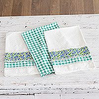Cotton dish towels, 'Viridian Spring' (set of 3) - Set of 3 Viridian Checkered Cotton Dish Towels with Laces