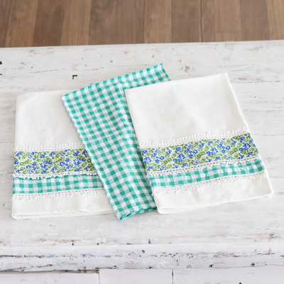 Set of 3 Viridian Checkered Cotton Dish Towels with Laces - Viridian Spring