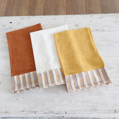 Cotton dish towels, 'Vivacious Evenings' (set of 3) - Set of 3 Warm Toned Cotton Dish Towels with Striped Details