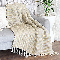 Woven throw blanket, 'Tan Caress' - Brown Acrylic Thread Throw Blanket with Striped Pattern