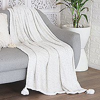 Cotton blend throw blanket, 'Snowy Embrace' - Fluffly White Cotton Blend Throw Blanket with Tassels