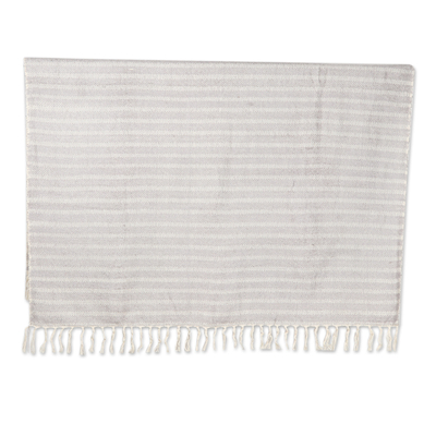 Cotton throw blanket, 'Titanium Trends' - Striped Cotton Throw Blanket in Titanium and Vanilla Hues
