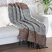 Woven throw blanket, 'Apricot Paths' - Woven Fringed Apricot Throw Blanket with Striped Pattern