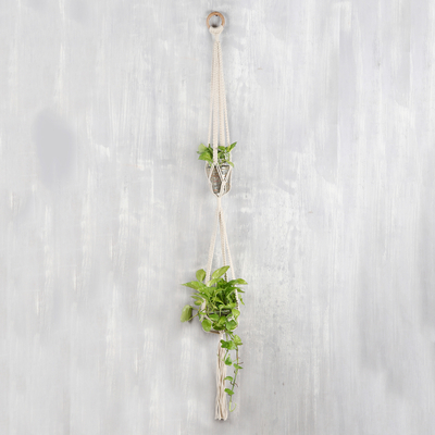 Cotton hanging planter, 'Natural Element' - Handcrafted Macrame Cotton Hanging Planter with Wood Ring