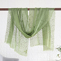 Linen shawl, 'Spring Sparks' - Spring Green Linen Shawl Embellished with Acrylic Beads