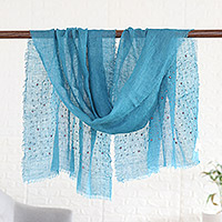 Linen shawl, 'Caribbean Sparks' - Caribbean Blue Linen Shawl Embellished with Acrylic Beads