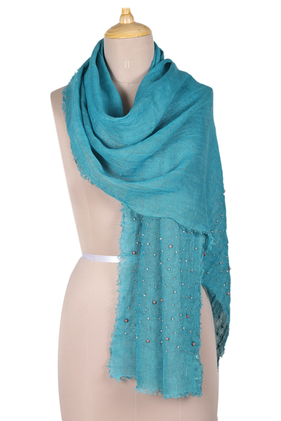 Linen shawl, 'Caribbean Sparks' - Caribbean Blue Linen Shawl Embellished with Acrylic Beads