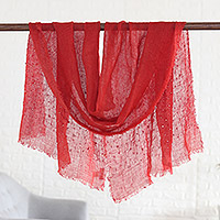 Linen shawl, 'Strawberry Sparks' - Strawberry Linen Shawl Embellished with Acrylic Beads