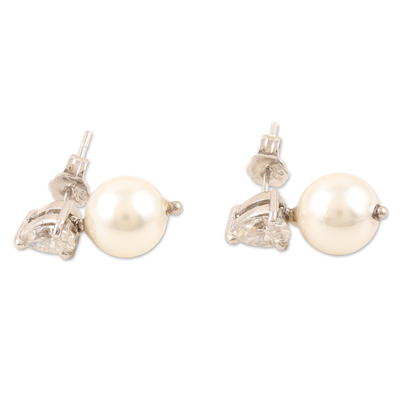 Cultured pearl and moissanite drop earrings, 'Moonlight Dewdrop' - Cultured Pearl Moissanite and Sterling Silver Drop Earrings