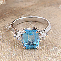 Blue topaz and moissanite cocktail ring, 'Iridescent Sparkle' - Sterling Silver Cocktail Ring with Blue Topaz and Moissanite