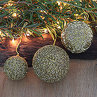 Beaded ornaments, 'Golden Magic' - Set of Three Sparkling Beaded Ornaments in a Golden Hue