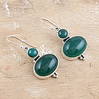 Onyx dangle earrings, 'Forest Dancer' - Sterling Silver Dangle Earrings with Green Onyx Cabochons