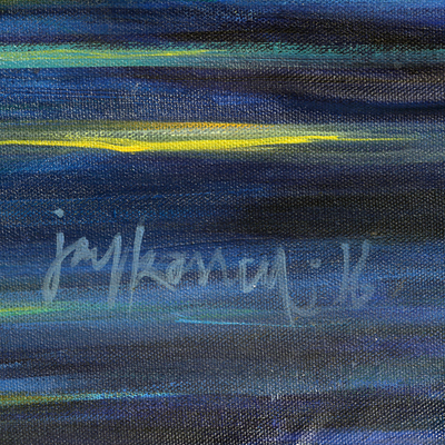 „Waiting for My Reed Player“ – Signiertes expressionistisches Gemälde einer Frau in einem Teich
