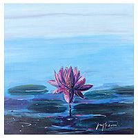 'Lily Pond' - Signed Acrylic Cool-Toned Impressionist Painting of Flower