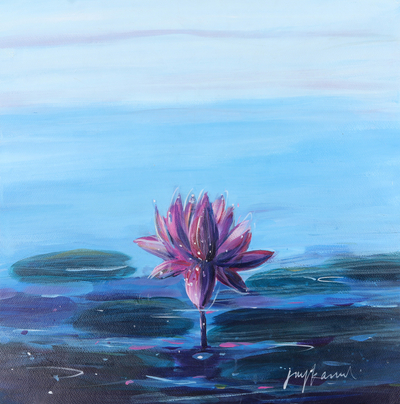 'Lily Pond' - Pintura impresionista de flores en acrílico firmada