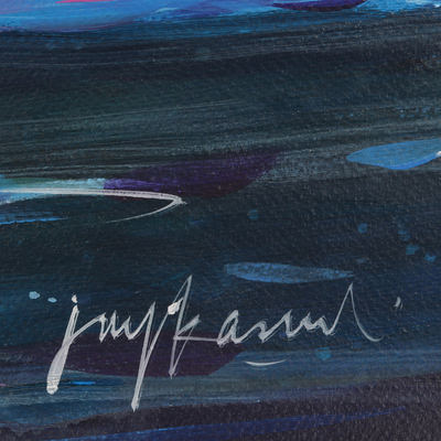 'Lily Pond' - Signiertes, kühl getöntes, impressionistisches Blumengemälde aus Acryl