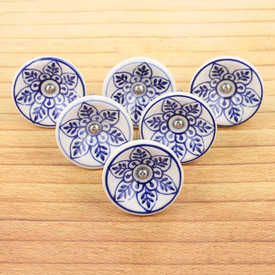 Ceramic knobs, 'Blue Spring' (set of 6) - Set of 6 Handcrafted Floral Ceramic Knobs in a Blue Hue