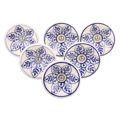 Tiradores de cerámica, (juego de 6) - Set de 6 Pomos Artesanales de Cerámica Floral en Tono Azul