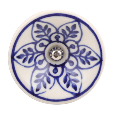Tiradores de cerámica, (juego de 6) - Set de 6 Pomos Artesanales de Cerámica Floral en Tono Azul