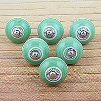 Ceramic knobs, 'Green Palace' (set of 6) - Set of 6 Ceramic Knobs in a Green Hue Handcrafted in India