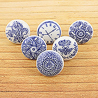 Perillas de cerámica, 'Blue Visions' (juego de 6) - Juego de 6 perillas de cerámica azul hechas a mano con diseños únicos