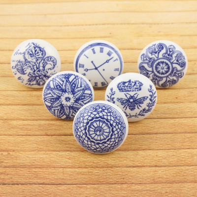 Ceramic knobs, Blue Visions (set of 6)