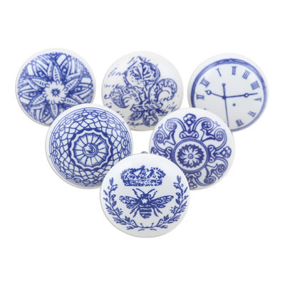 Ceramic knobs, 'Blue Visions' (set of 6) - Set of 6 Handcrafted Blue Ceramic Knobs with Unique Designs