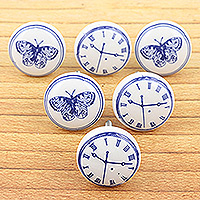 Ceramic knobs, 'Butterfly Time' (set of 6) - Set of 6 Handcrafted Butterfly and Time Themed Ceramic Knobs