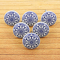 Ceramic knobs, 'Blue Meditations' (set of 6) - Set of 6 Handcrafted Mandala Ceramic Knobs in a Blue Hue