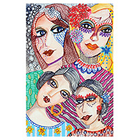 'Four Women' - Signed Unstretched Watercolor Naif Painting of Women