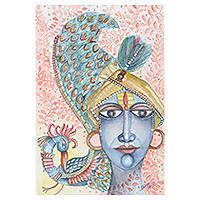 'Benevolent Krishna' - Signed Unstretched Watercolor Painting of Indian Deity