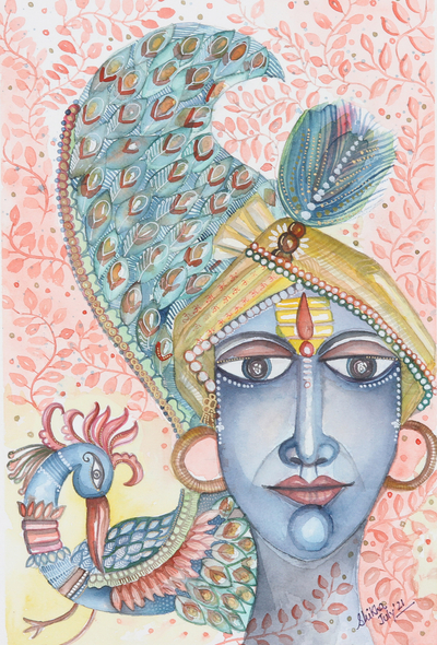 'Benevolent Krishna' - Signed Unstretched Watercolor Painting of Indian Deity