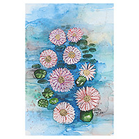 'Lily Pond II' - Pintura de acuarela firmada sin estirar de estanque y flores