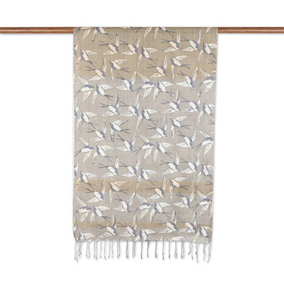 Silk shawl, 'Fantasy Flight' - Grey Fringed Silk Shawl with Screen-Printed Sparrow Motifs
