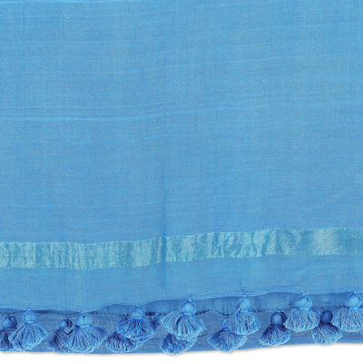 Cotton and silk blend shawl, 'Peacock Pleasure' - Peacock-Toned Cotton and Silk Blend Shawl with Tassels